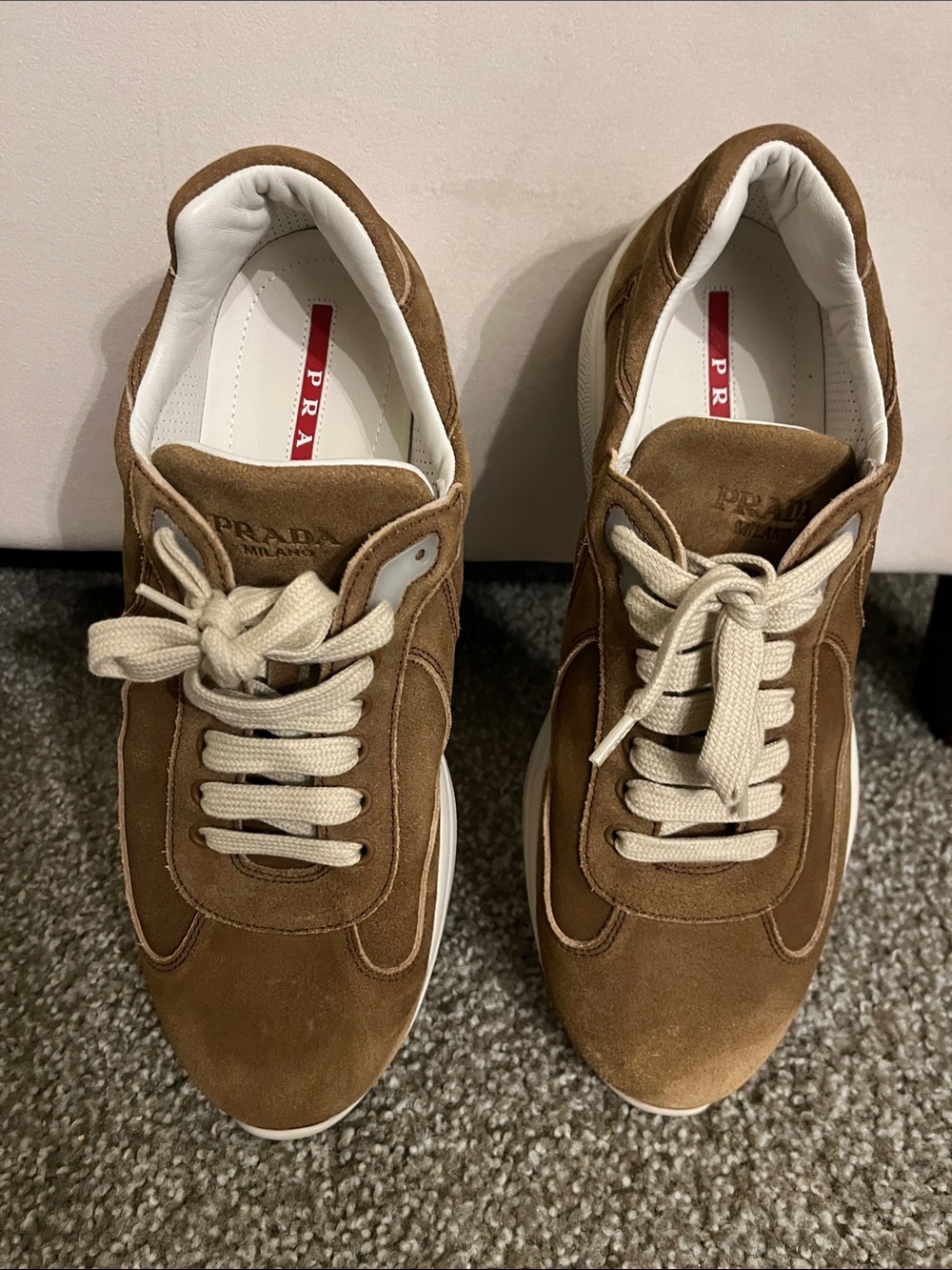 Prada Brown Suede Low-Top Sneakers with Cream Laces